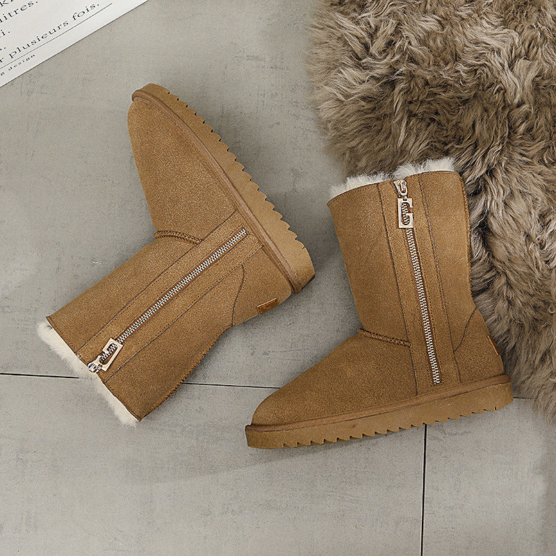 Ladies' Flat Wool Snow Boots with Medium Tube Platform