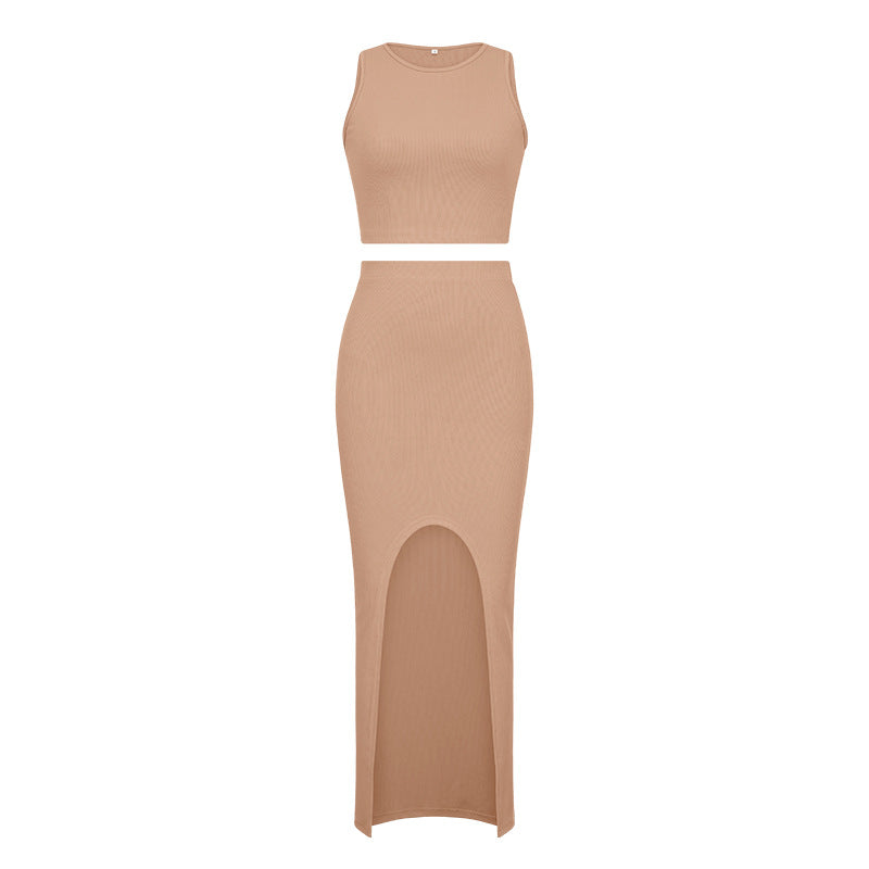 Summer Two-Piece Dress Set with Slim Crop Top and Skirt