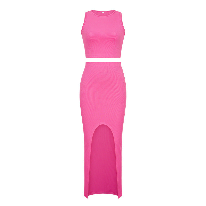 Summer Two-Piece Dress Set with Slim Crop Top and Skirt