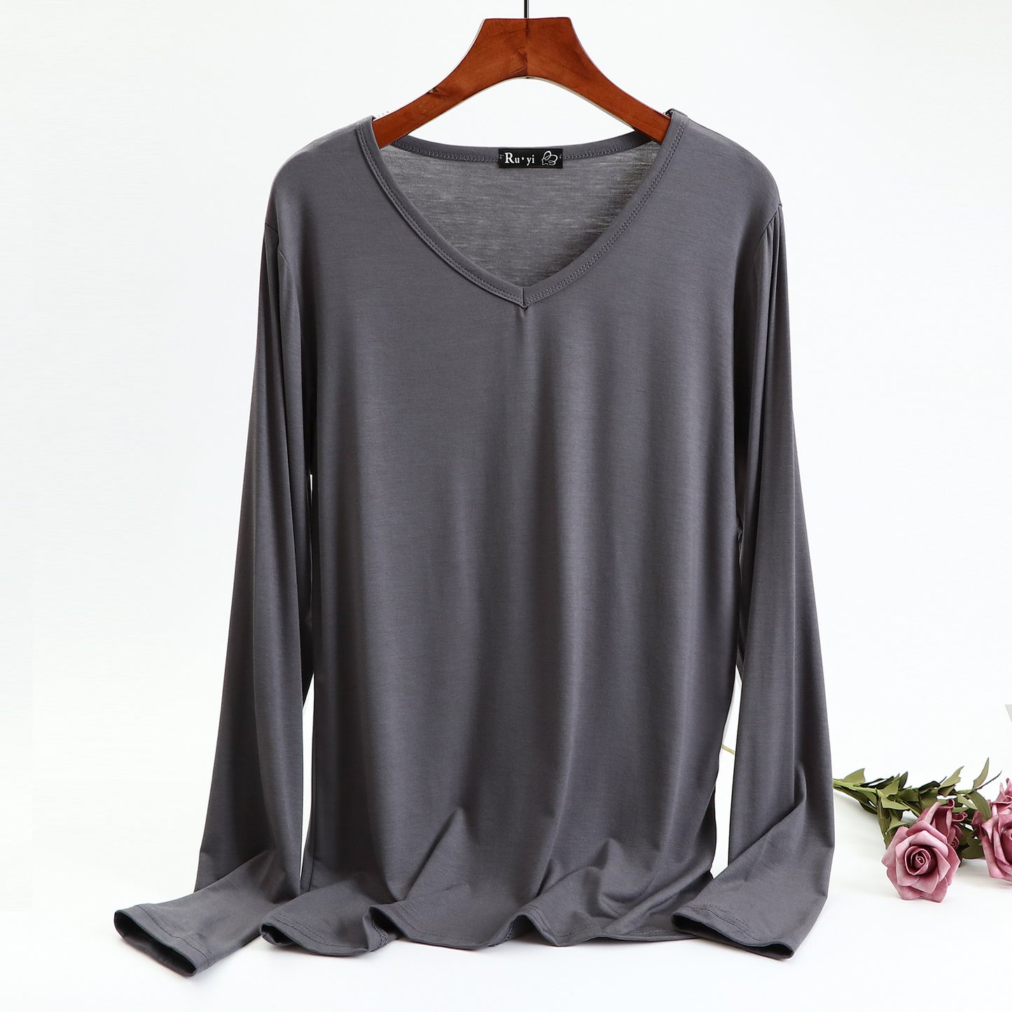 Ladies Plus Size V-neck Candy Color Long-sleeved Top
