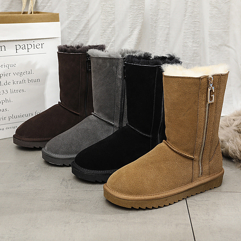 Ladies' Flat Wool Snow Boots with Medium Tube Platform