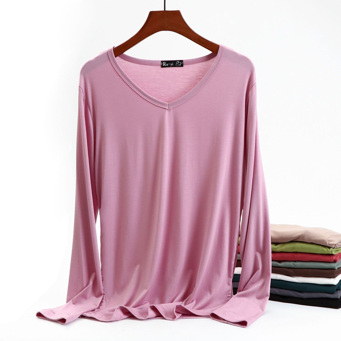 Ladies Plus Size V-neck Candy Color Long-sleeved Top