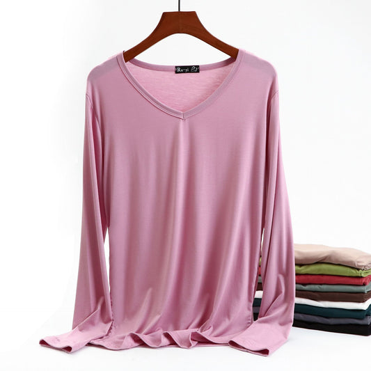 Ladies Plus Size V-neck Candy Color Long-sleeved Top