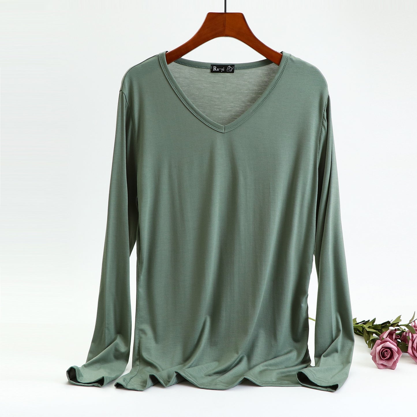 Ladies Plus Size V-neck Candy Color Long-sleeved Top