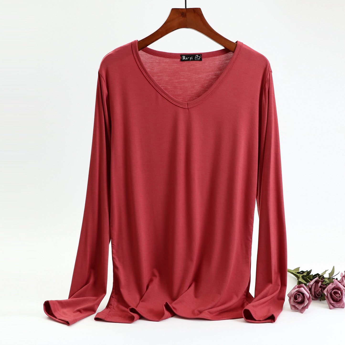 Ladies Plus Size V-neck Candy Color Long-sleeved Top