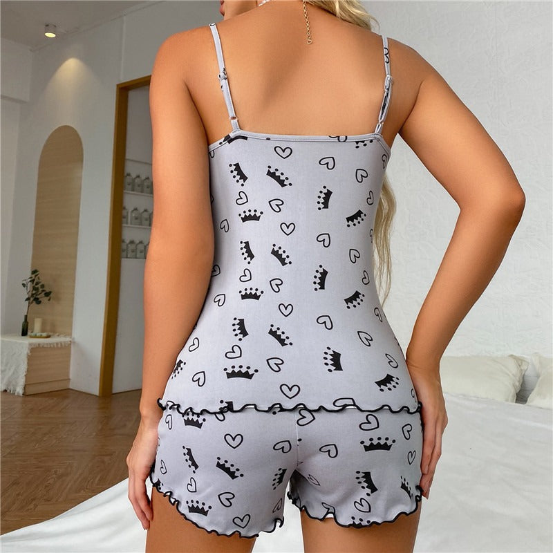 Ladies Sexy 2 Piece Lace Pajama Set with Deep V Neck