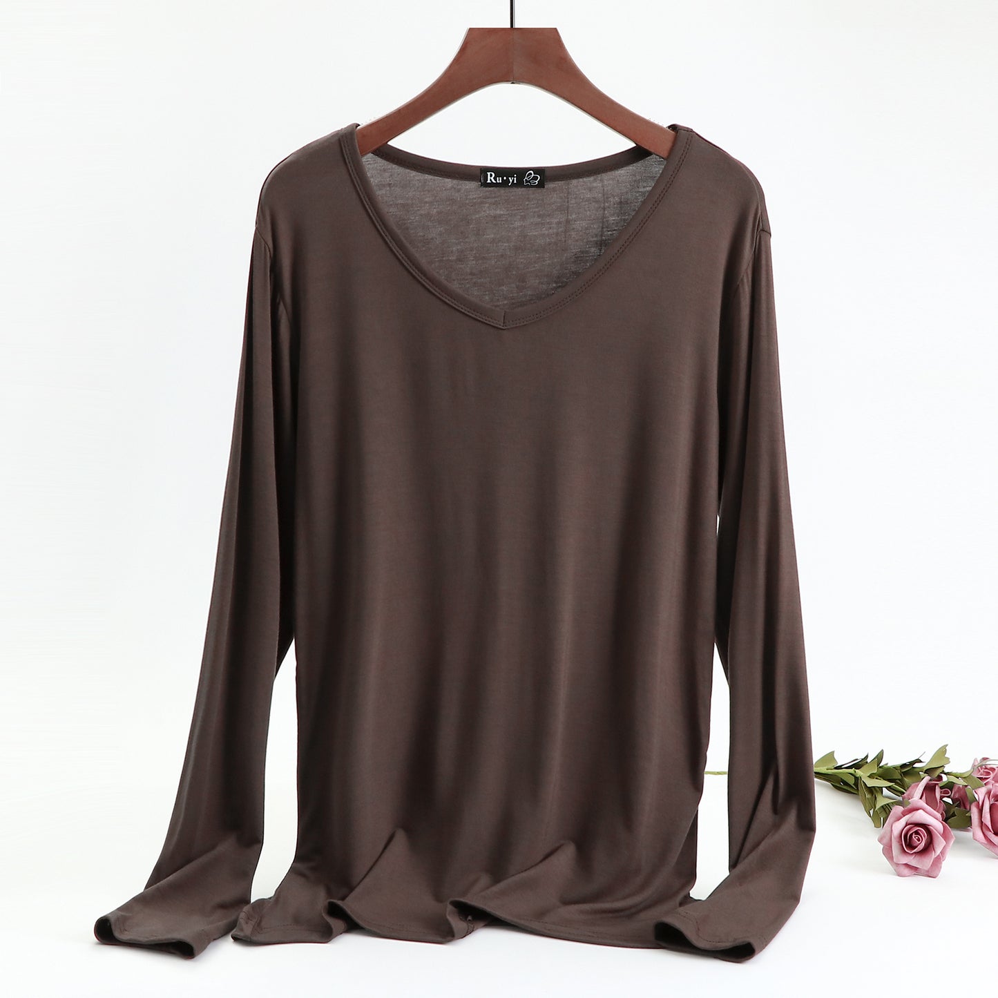 Ladies Plus Size V-neck Candy Color Long-sleeved Top