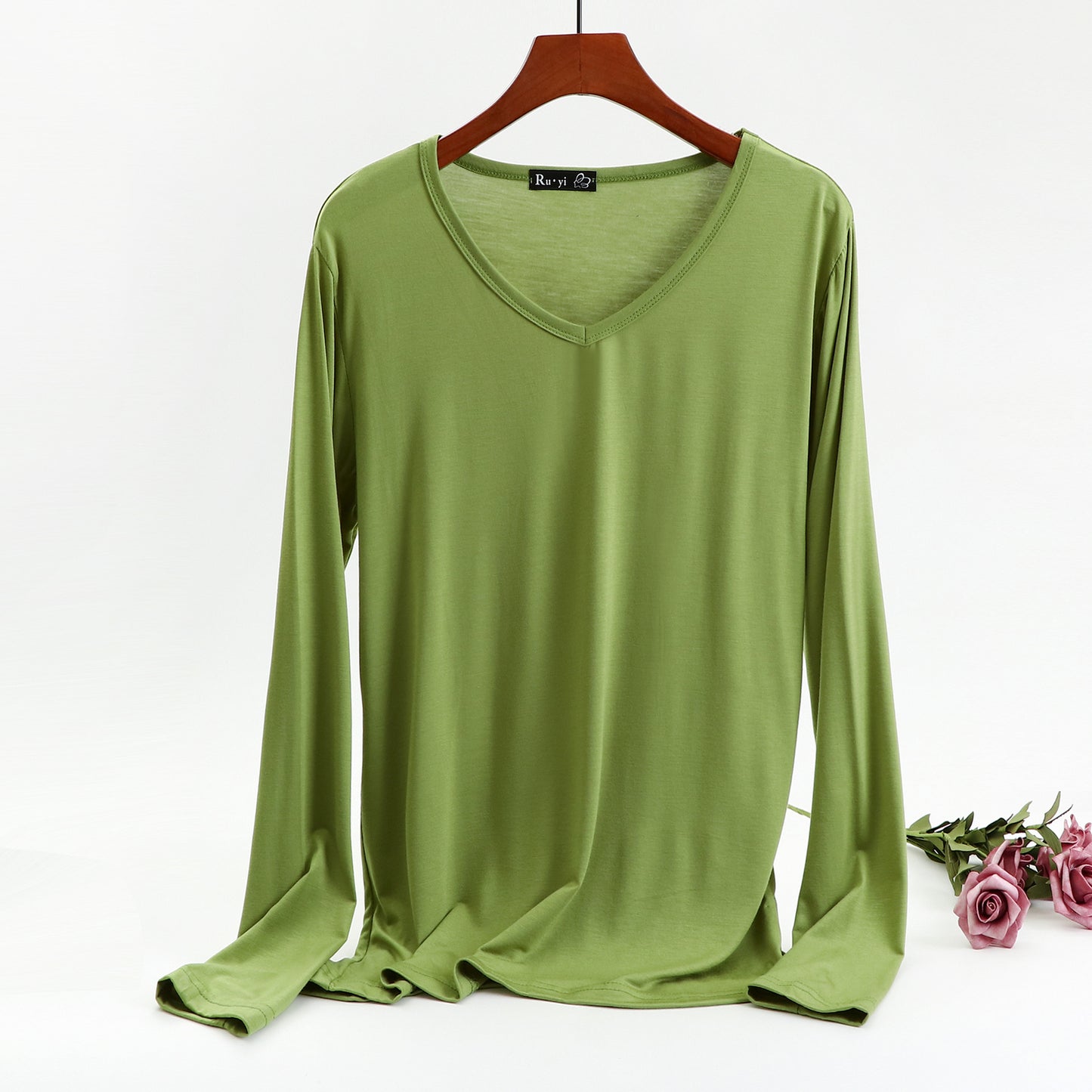 Ladies Plus Size V-neck Candy Color Long-sleeved Top
