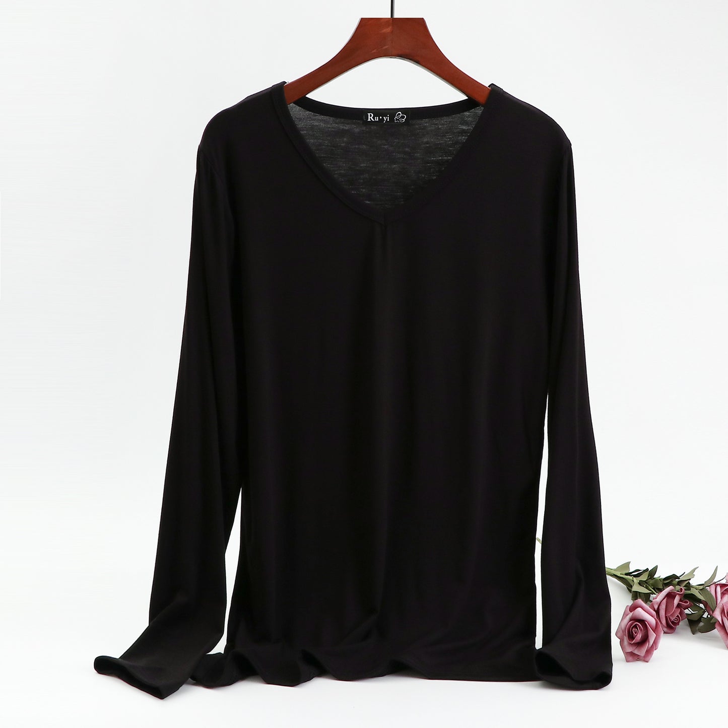 Ladies Plus Size V-neck Candy Color Long-sleeved Top