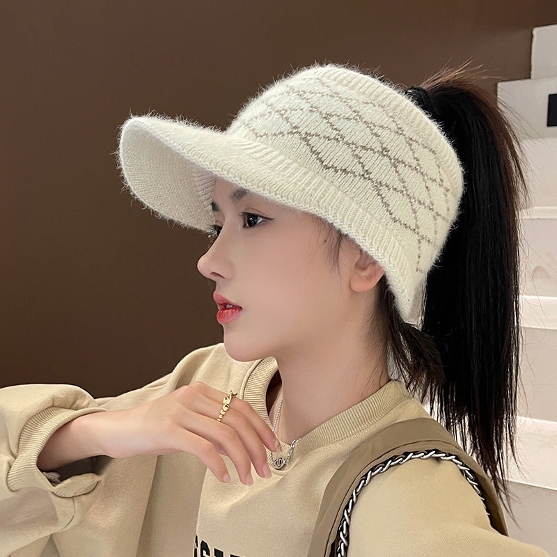 Women's Warm Wool Hat with Simple Plaid Design