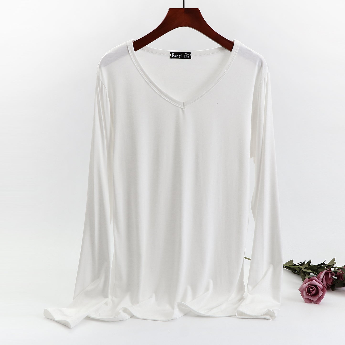 Ladies Plus Size V-neck Candy Color Long-sleeved Top